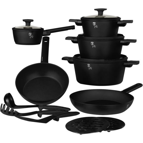 Hochwertiges Design Kochset m. Titanbeschichtung inkl. Kochbesteck, Untersetzer, Glasdeckel, Soft Touch Griffe, 15-teilig, mattschwarz