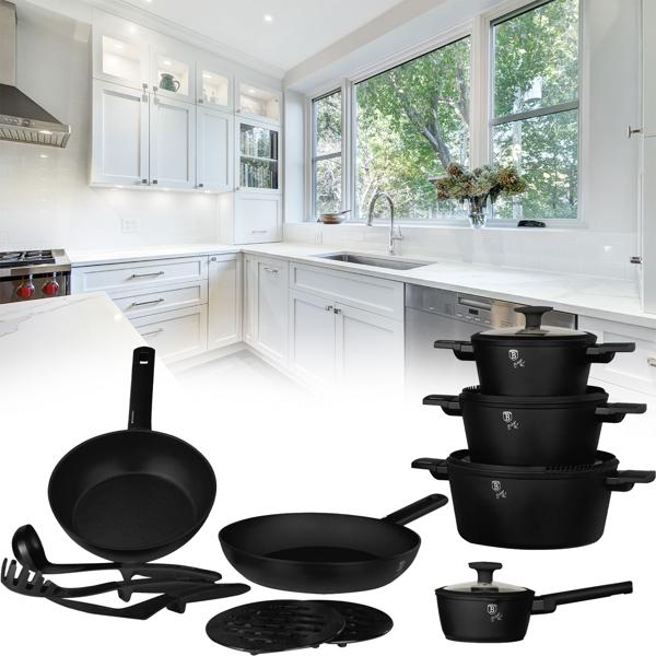 Hochwertiges Design Kochset m. Titanbeschichtung inkl. Kochbesteck, Untersetzer, Glasdeckel, Soft Touch Griffe, 15-teilig, mattschwarz