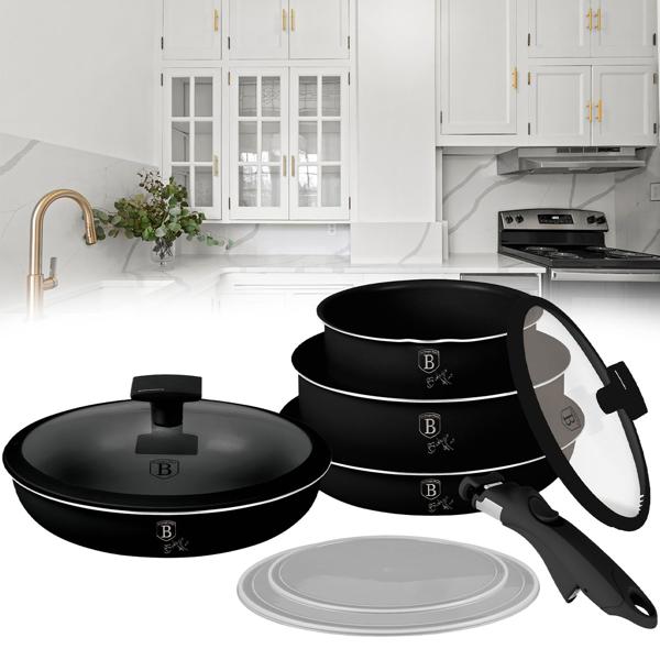 Hochwertiges Aluminium Pfannen-Set, 9-teilig, edles mattschwarz, Titanbeschichtung – Abnehmbarer Griff, Smart Lids & Glasdeckel, elegantes Design