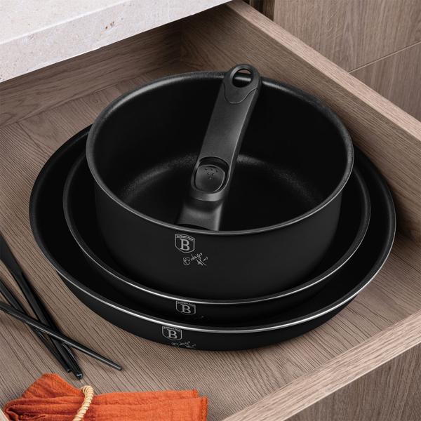 Hochwertiges Aluminium Pfannen-Set, 9-teilig, edles mattschwarz, Titanbeschichtung – Abnehmbarer Griff, Smart Lids & Glasdeckel, elegantes Design