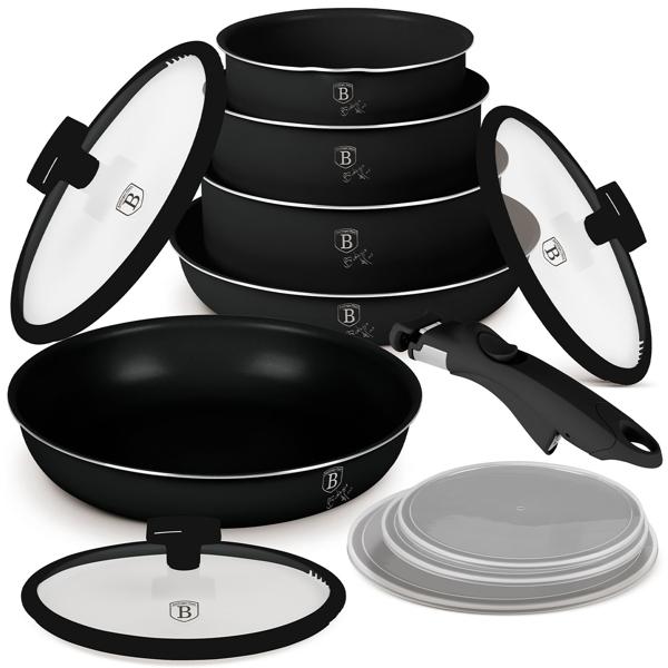 5 Pfannen-Kochset mit Titanbeschichtung, elegantes Mattschwarz – Geschmiedetes Aluminium, Smart Lids & Glasdeckel, langlebig & robust