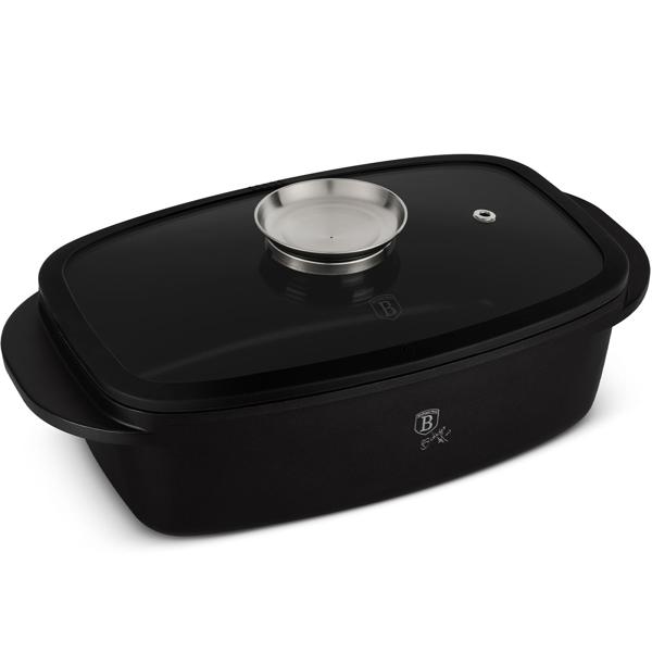 Hochwertiger Bräter mit Aromaknopf & Glasdeckel, oval 6 Liter schwarz - Für perfektes Schmoren & Braten - Robust & langlebig kochen