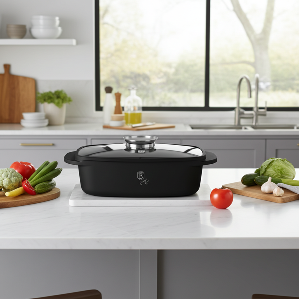 Hochwertiger Bräter mit Aromaknopf & Glasdeckel, oval 6 Liter schwarz - Für perfektes Schmoren & Braten - Robust & langlebig kochen