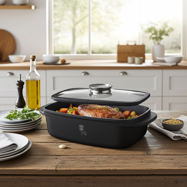 Hochwertiger Bräter mit Aromaknopf & Glasdeckel, oval 6 Liter schwarz - Für perfektes Schmoren & Braten - Robust & langlebig kochen