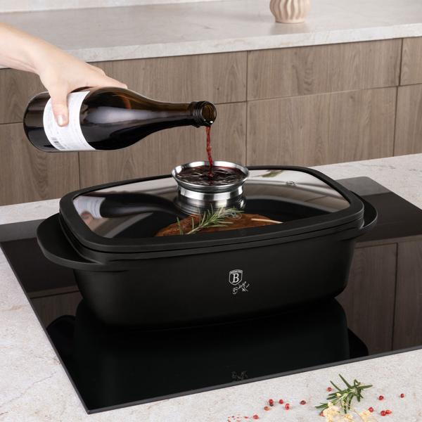 Hochwertiger Bräter mit Aromaknopf & Glasdeckel, oval 6 Liter schwarz - Für perfektes Schmoren & Braten - Robust & langlebig kochen