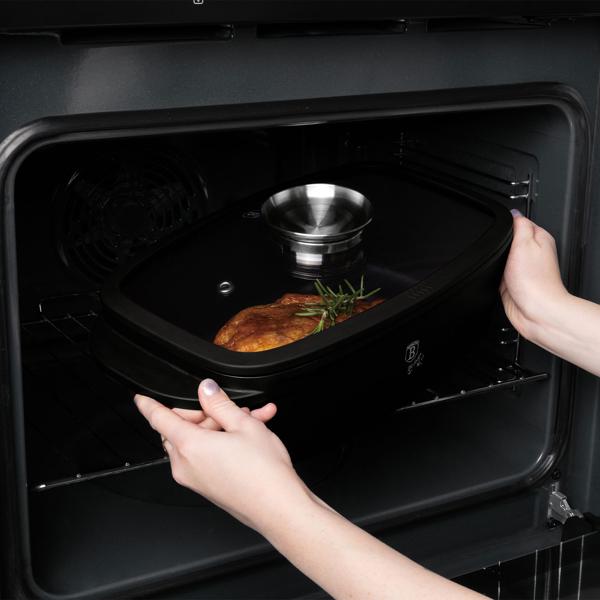 Hochwertiger Bräter mit Aromaknopf & Glasdeckel, oval 6 Liter schwarz - Für perfektes Schmoren & Braten - Robust & langlebig kochen