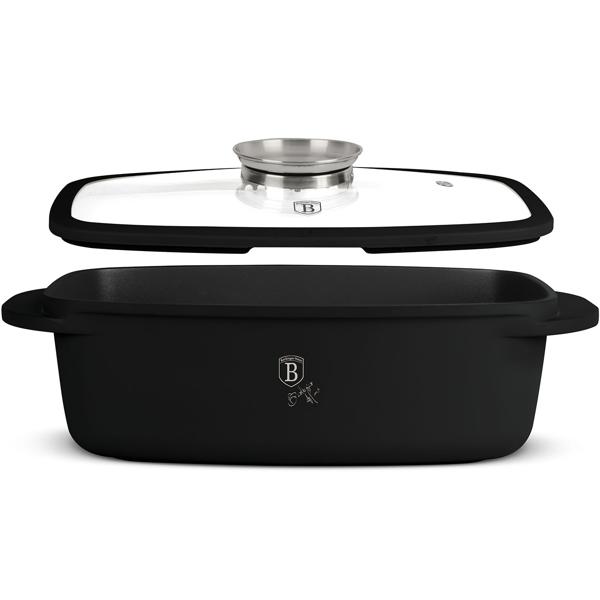 Hochwertiger Bräter mit Aromaknopf & Glasdeckel, oval 6 Liter schwarz - Für perfektes Schmoren & Braten - Robust & langlebig kochen