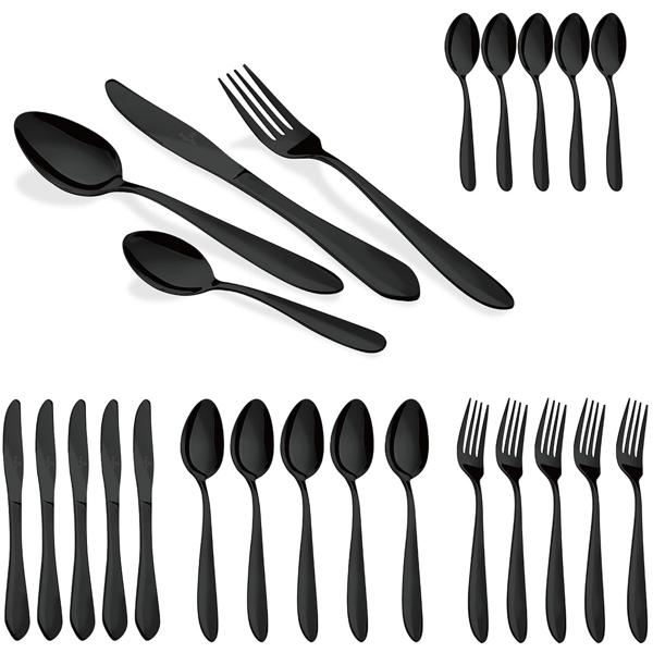 Modernes 24-tlg. Besteck Set, schwarz: Für 6 Personen, zeitloses Design, perfekt für Dinnerpartys & den Alltag