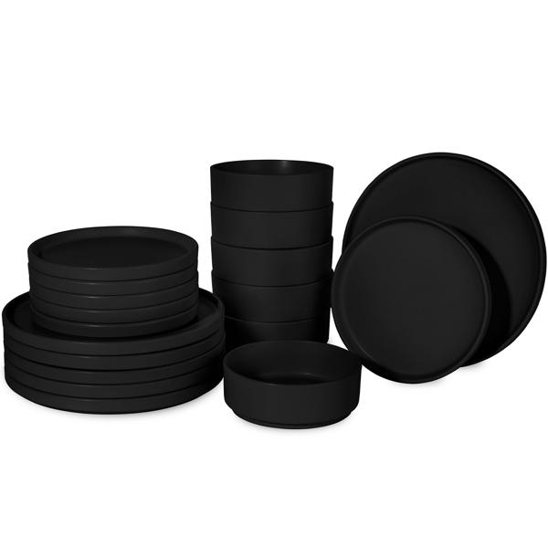 Set de Vaisselle Design 18 Pièces en Faïence Noir Mat - Empilable - Idéal Usage Quotidien - Micro-ondes & Lave-vaisselle