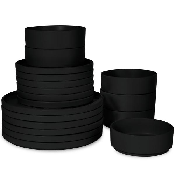 Set de Vaisselle Design 18 Pièces en Faïence Noir Mat - Empilable - Idéal Usage Quotidien - Micro-ondes & Lave-vaisselle