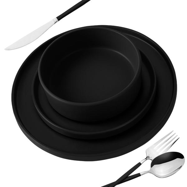 Set de Vaisselle Design 18 Pièces en Faïence Noir Mat - Empilable - Idéal Usage Quotidien - Micro-ondes & Lave-vaisselle