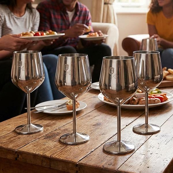 Elegante set di bicchieri da vino in metallo da 4 pezzi, argento: infrangibile ed elegante per gli amanti del vino, robusto, rinfrescante e per i momenti speciali 