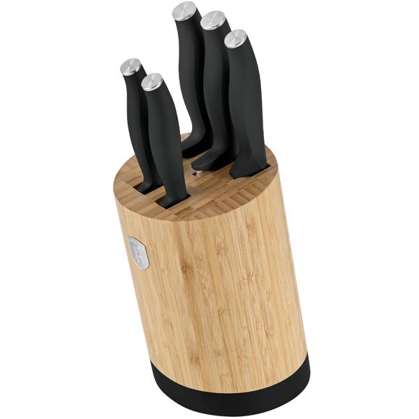 Elegantes Messerset mit Bambus-Ständer, 6-tlg., mattschwarz: Scharfe Küchenmesser, hochwertig, robust & perfekte Geschenkidee für Kochliebhaber