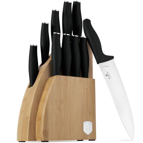 Elegantes Messerset mit Bambus-Ständer, 10-tlg., mattschwarz: Scharfe Küchenmesser, hochwertig, robust & perfekte Geschenkidee für Kochliebhaber