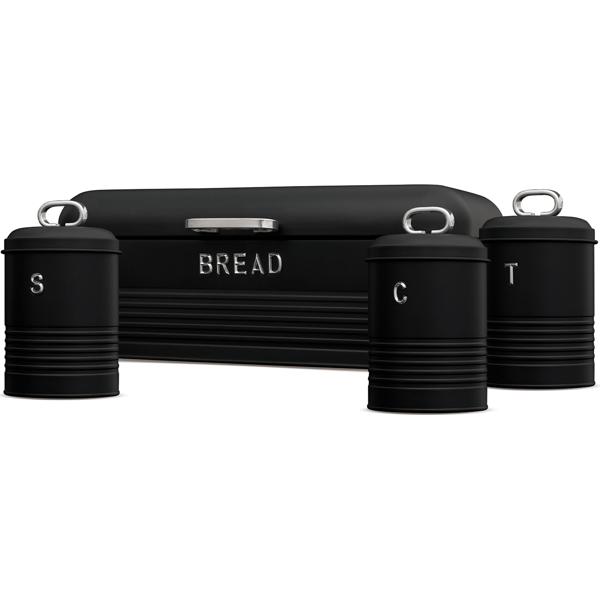 Vintage-Vorratsbehälter-Set: Edelstahl, edles matt-schwarz, Brotbox, Kaffeedose, Zuckerdose, Teedose mit Aufdruck, für nostalgische & stilvolle Aufbewahrung