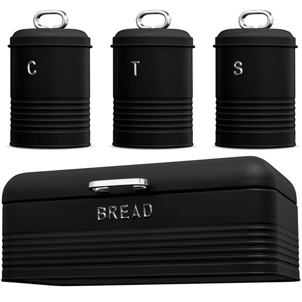 Vintage-Vorratsbehälter-Set: Edelstahl, edles matt-schwarz, Brotbox, Kaffeedose, Zuckerdose, Teedose mit Aufdruck, für nostalgische & stilvolle Aufbewahrung