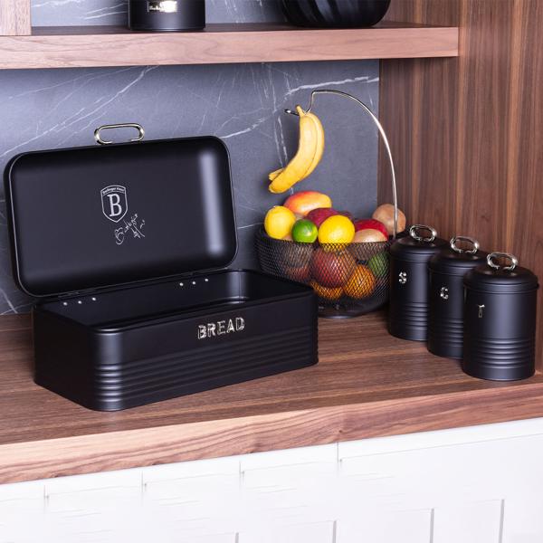 Vintage-Vorratsbehälter-Set: Edelstahl, edles matt-schwarz, Brotbox, Kaffeedose, Zuckerdose, Teedose mit Aufdruck, für nostalgische & stilvolle Aufbewahrung