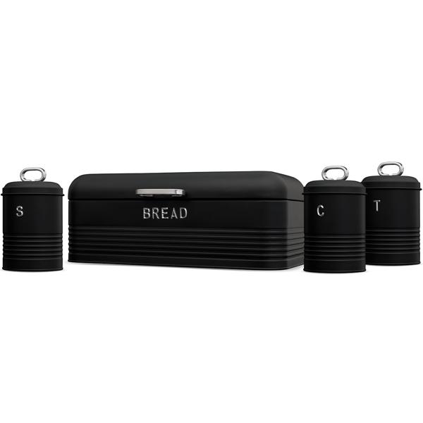 Vintage-Vorratsbehälter-Set: Edelstahl, edles matt-schwarz, Brotbox, Kaffeedose, Zuckerdose, Teedose mit Aufdruck, für nostalgische & stilvolle Aufbewahrung