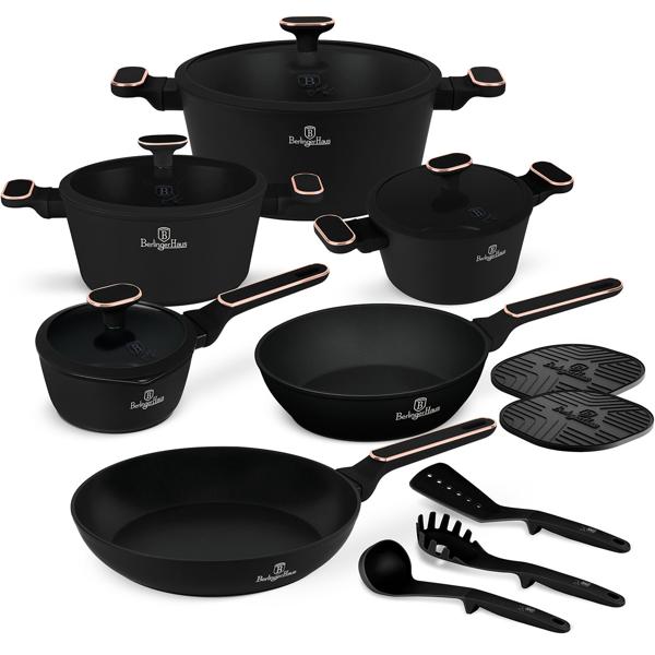 15-tlg. Design-Kochset, edles schwarz-roségold – Töpfe, Pfannen & Kochbesteck mit dreifacher TitanPro-Antihaftbeschichtung, auch für Induktion