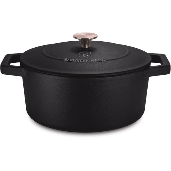 Cocotte en fonte haute qualité avec couvercle - Braiser, rôtir, cuire au four - 2,75 L - Noir-rosé-or - Compatible tous feux induction