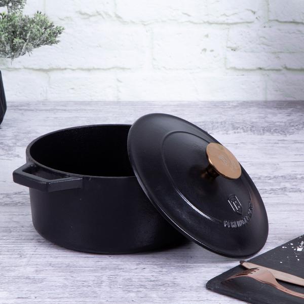 Cocotte en fonte haute qualité avec couvercle - Braiser, rôtir, cuire au four - 2,75 L - Noir-rosé-or - Compatible tous feux induction