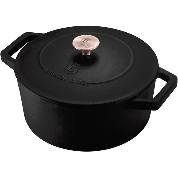 Cocotte en fonte haute qualité avec couvercle - Braiser, rôtir, cuire au four - 2,75 L - Noir-rosé-or - Compatible tous feux induction