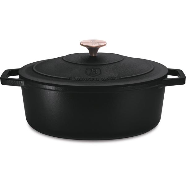 Hochwertiger Gusseisenbräter mit Deckel, oval, 5,5 Liter, schwarz-roségold - Für perfektes Schmoren & Braten - Robust & langlebig kochen
