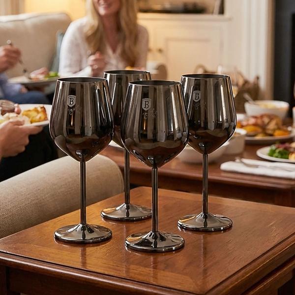 Lot de 4 verres à vin en métal noir - Incassable, élégant pour vin, cocktails, apéro - Acier inoxydable 18/10, 550 ml, lavable