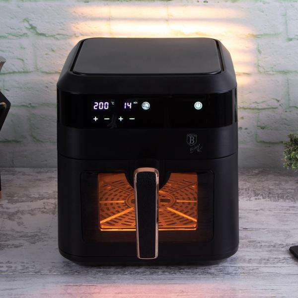 Heissluftfritteuse mit Sichtfenster & 9 Kochprogramme-Air Fryer, 6,3L, schwarz-roségold, fettarmes Frittieren, elegantes Design, knusprige Ergebnisse