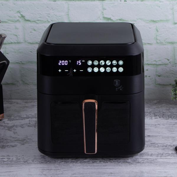 Heissluftfritteuse mit Sichtfenster & 9 Kochprogramme-Air Fryer, 6,3L, schwarz-roségold, fettarmes Frittieren, elegantes Design, knusprige Ergebnisse