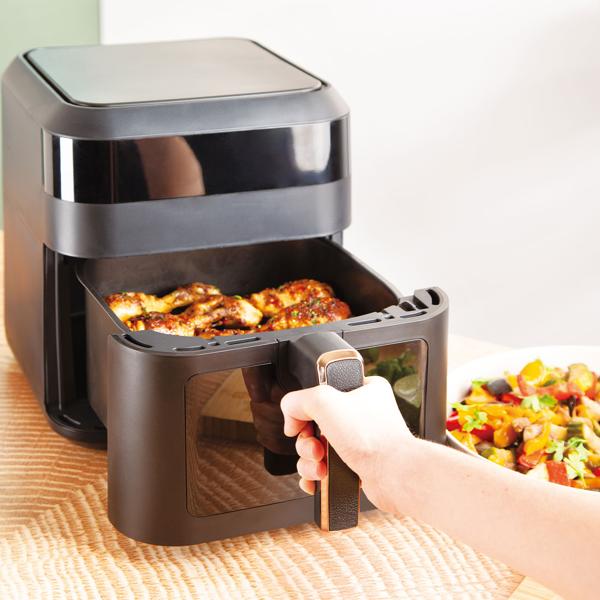 Heissluftfritteuse mit Sichtfenster & 9 Kochprogramme-Air Fryer, 6,3L, schwarz-roségold, fettarmes Frittieren, elegantes Design, knusprige Ergebnisse