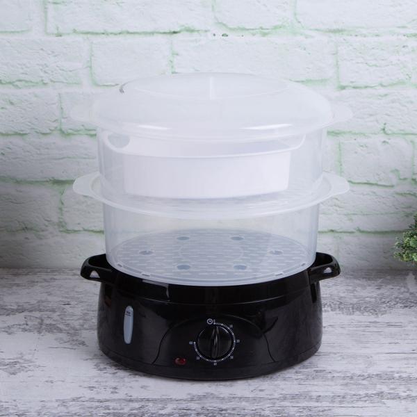 Elektrischer Dampfgarer (6L, 800W), schwarz-roségold: Für schonendes & gesundes Kochen, 2 Etagen, Timer & Abschaltautomatik, Vitamine erhalten, leicht & schnell