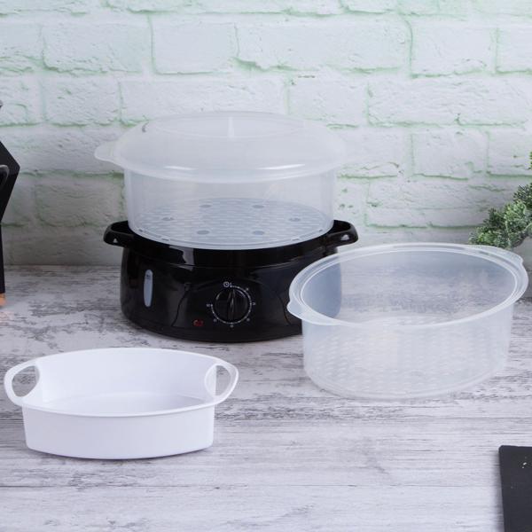 Elektrischer Dampfgarer (6L, 800W), schwarz-roségold: Für schonendes & gesundes Kochen, 2 Etagen, Timer & Abschaltautomatik, Vitamine erhalten, leicht & schnell