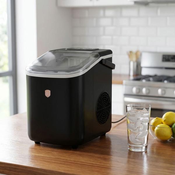 Premium Eismaschine & Eiswürfelbereiter Schwarz-Roségold, 9 perfekte Eiswürfel in 6 Minuten & 10Kg/24h, Kompakt für Bar & Küche