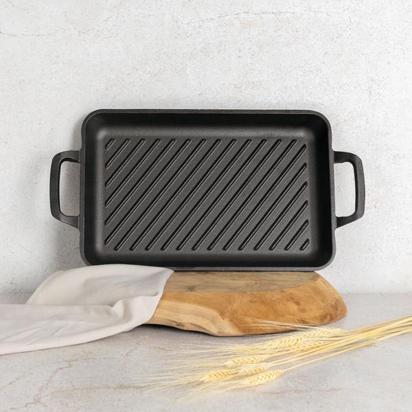 Hochwertige rechteckige Grillplatte aus Gusseisen (33x22 cm) mit Griffen: Für authentische Grillstreifen & Aromen, vielseitig & ideal für Fleisch, Gemüse & Fisch