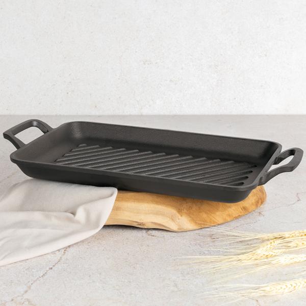 Hochwertige rechteckige Grillplatte aus Gusseisen (33x22 cm) mit Griffen: Für authentische Grillstreifen & Aromen, vielseitig & ideal für Fleisch, Gemüse & Fisch