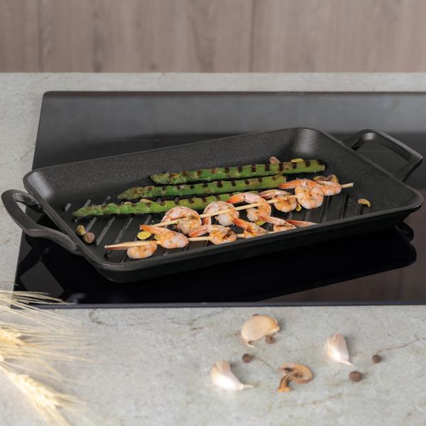 Hochwertige rechteckige Grillplatte aus Gusseisen (33x22 cm) mit Griffen: Für authentische Grillstreifen & Aromen, vielseitig & ideal für Fleisch, Gemüse & Fisch