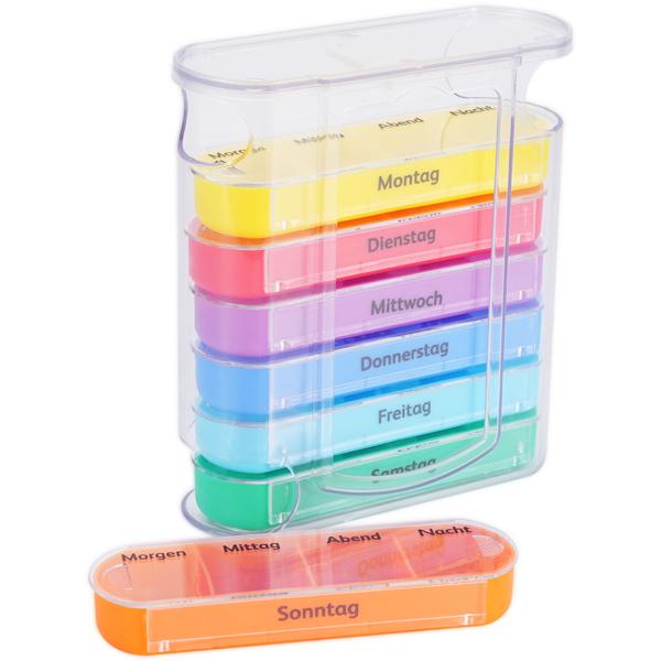 2er Set Medikamentenbox 7 Tage: Bunt, 4 Fächer täglich – Ein Wochen-Pillendosierer für einfache, sichere Einnahme & Übersicht