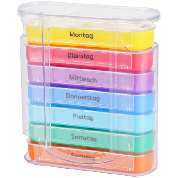 2er Set Medikamentenbox 7 Tage: Bunt, 4 Fächer täglich – Ein Wochen-Pillendosierer für einfache, sichere Einnahme & Übersicht