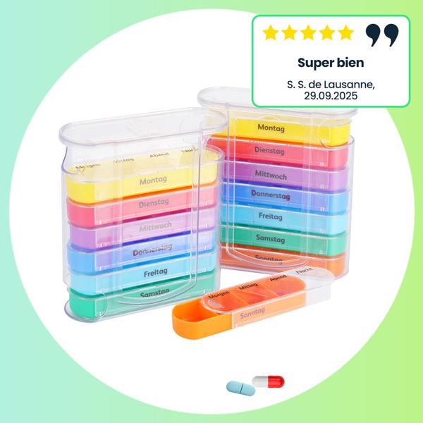 lot de 4 piluliers 7 jours : multicolores, 4 compartiments par jour - un pilulier hebdomadaire pour une prise simple et sûre & une vue d‘ensemble