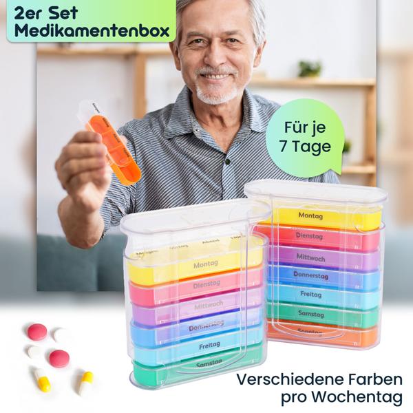 4er Set Medikamentenbox 7 Tage: Bunt, 4 Fächer täglich – Ein Wochen-Pillendosierer für einfache, sichere Einnahme & Übersicht
