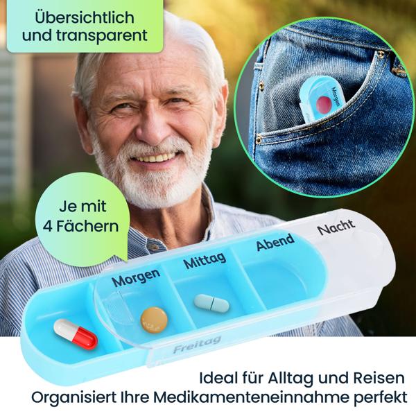 4er Set Medikamentenbox 7 Tage: Bunt, 4 Fächer täglich – Ein Wochen-Pillendosierer für einfache, sichere Einnahme & Übersicht