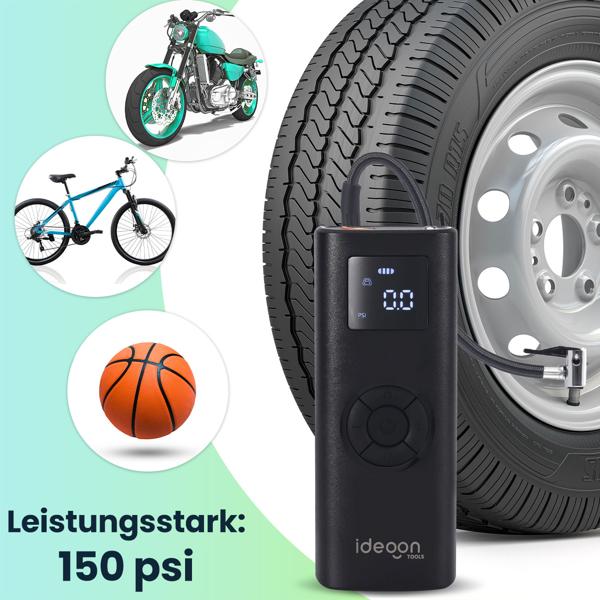 Akku Kompressor - Mobile Luftpumpe für Reifen & Bälle - 150 psi - 4.000 mAh Akku - LCD-Display - LED-Licht - inkl. Adapterset