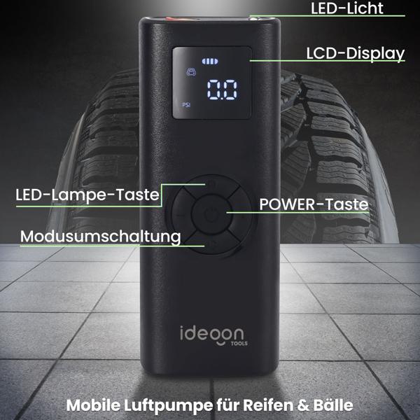 Akku Kompressor - Mobile Luftpumpe für Reifen & Bälle - 150 psi - 4.000 mAh Akku - LCD-Display - LED-Licht - inkl. Adapterset
