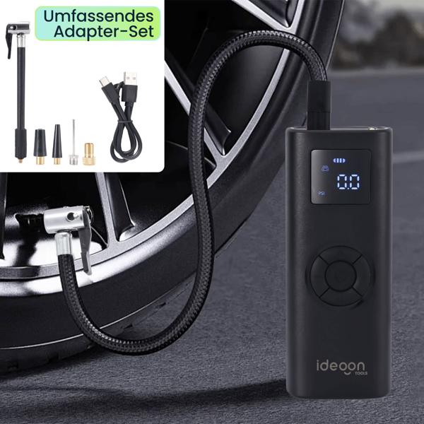 Akku Kompressor - Mobile Luftpumpe für Reifen & Bälle - 150 psi - 4.000 mAh Akku - LCD-Display - LED-Licht - inkl. Adapterset