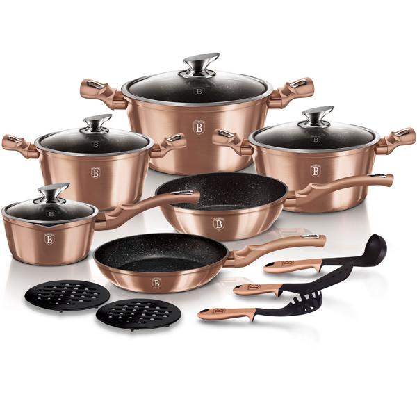 Esclusivo set da cucina di design, 15 pezzi, utensili da cucina e sottopentola, elegante oro rosa, alluminio di alta qualità e stile