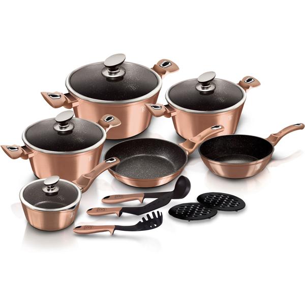 Esclusivo set da cucina di design, 15 pezzi, utensili da cucina e sottopentola, elegante oro rosa, alluminio di alta qualità e stile