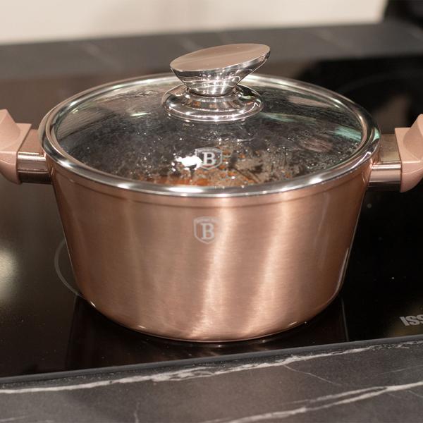 Esclusivo set da cucina di design, 15 pezzi, utensili da cucina e sottopentola, elegante oro rosa, alluminio di alta qualità e stile