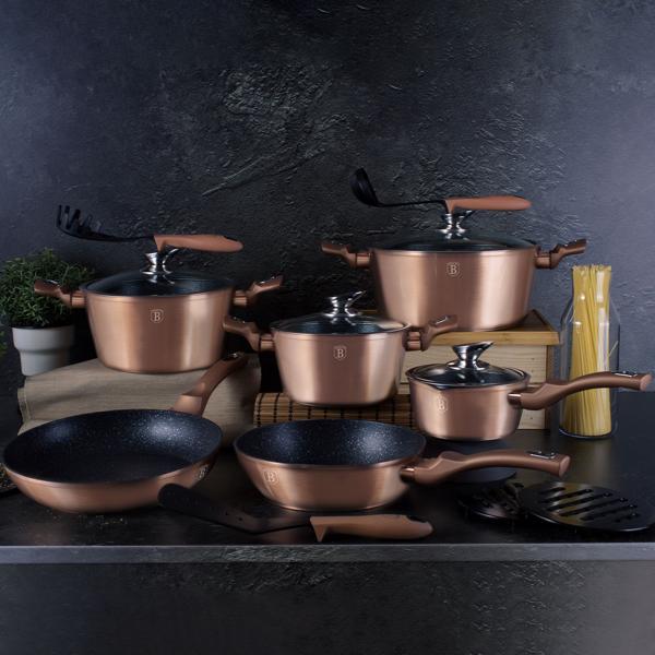 Esclusivo set da cucina di design, 15 pezzi, utensili da cucina e sottopentola, elegante oro rosa, alluminio di alta qualità e stile