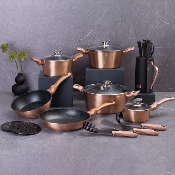 Esclusivo set da cucina di design, 15 pezzi, utensili da cucina e sottopentola, elegante oro rosa, alluminio di alta qualità e stile